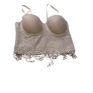 Lydia USA Nude CrochetMesh BustierCrop Top Padded Underwire Fringe L-3486 Medium